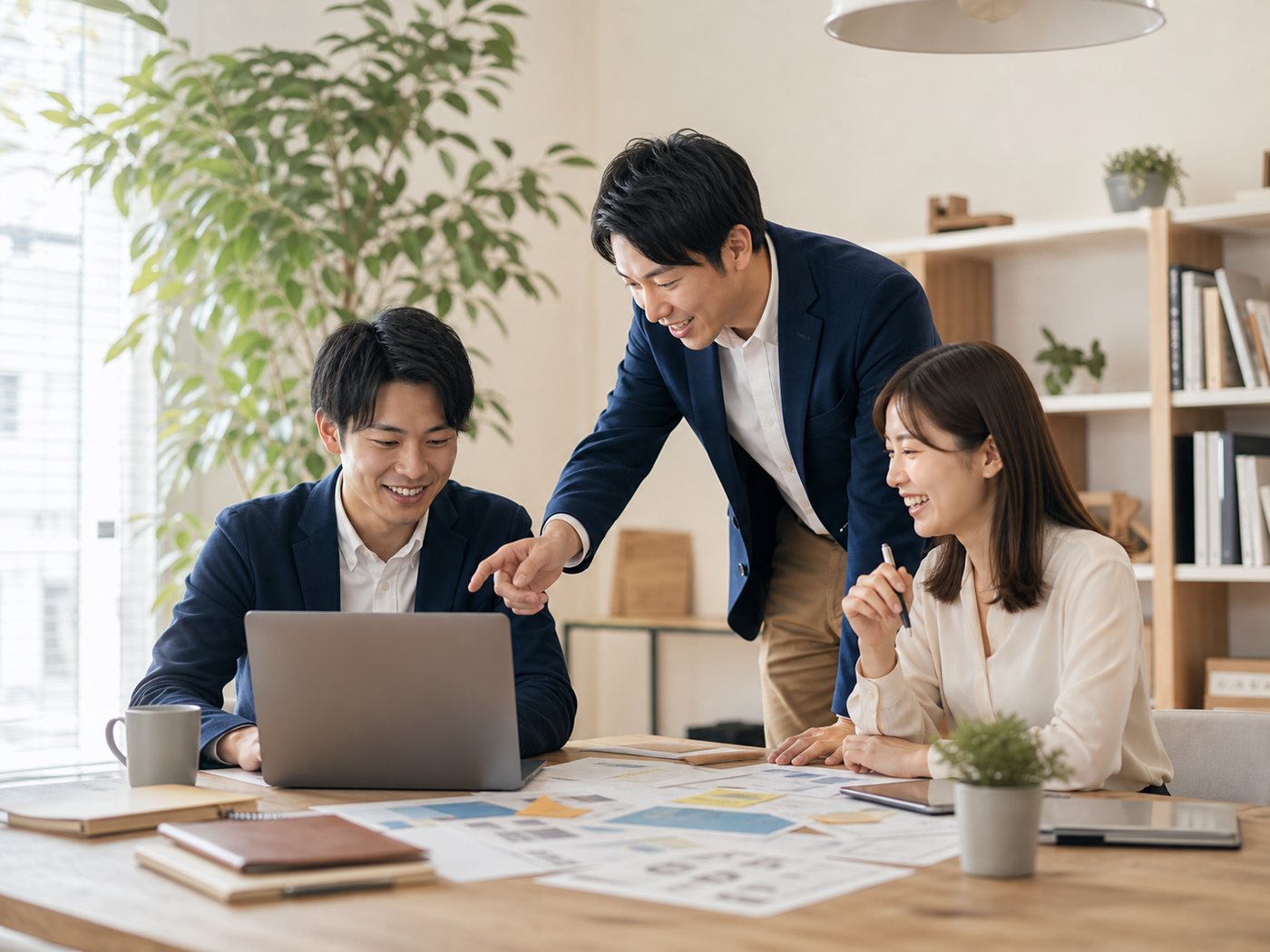 従業員が生き生きと協力しながら働く明るい職場