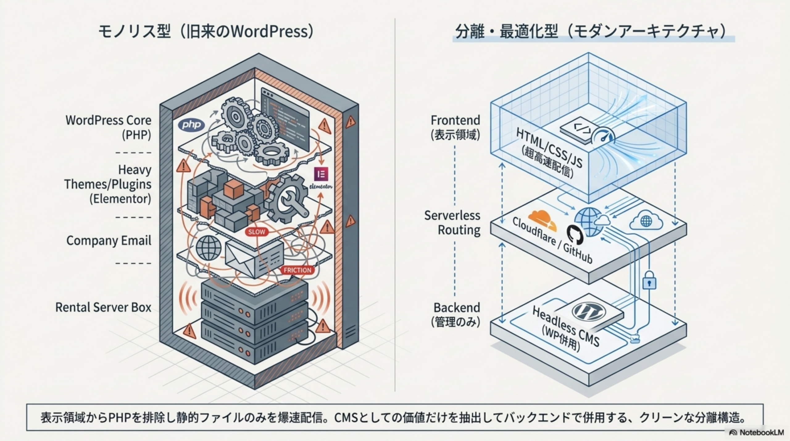モノリス型(旧WP) vs 分離・最適化型(モダンアーキテクチャ)