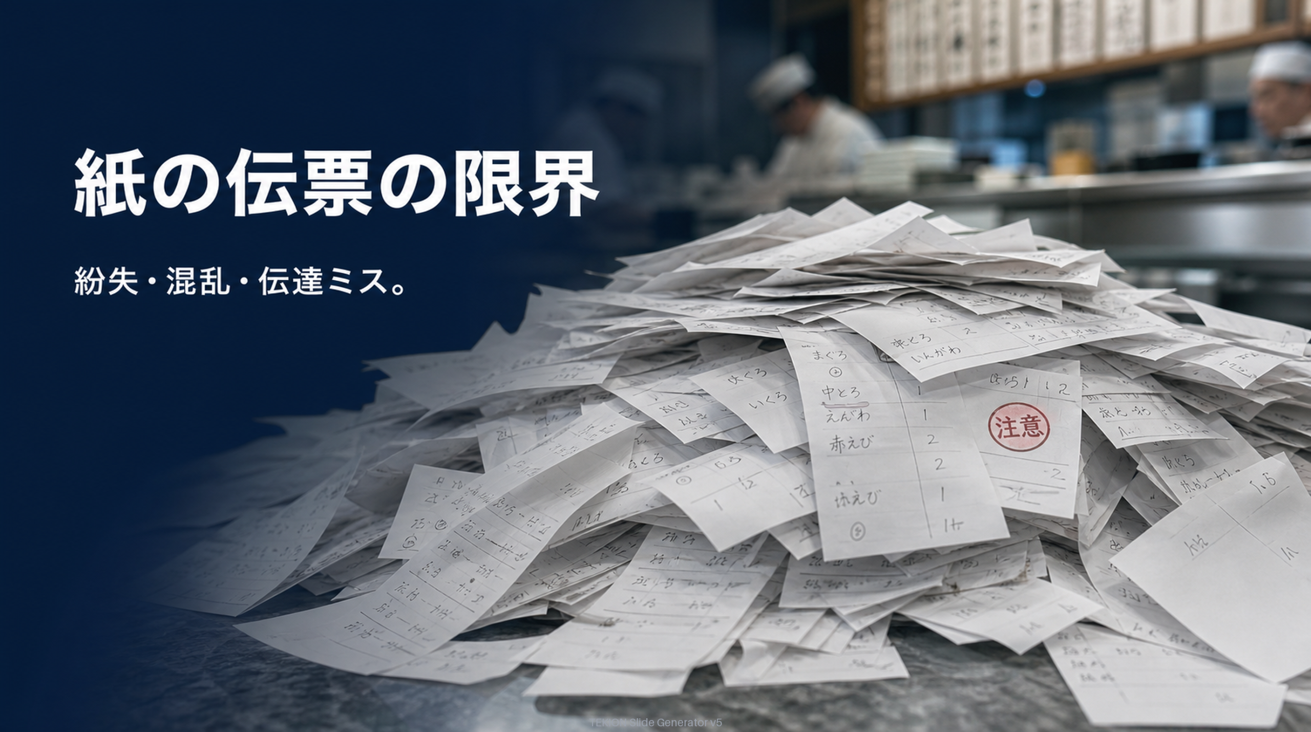 紙の伝票は紛失・混乱を生む。